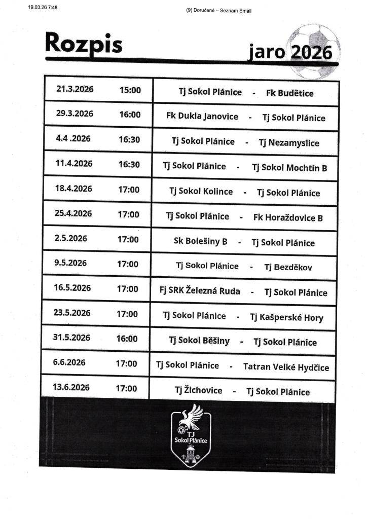 TJ Sokol Plánice - rozpis jaro 2026 - muži