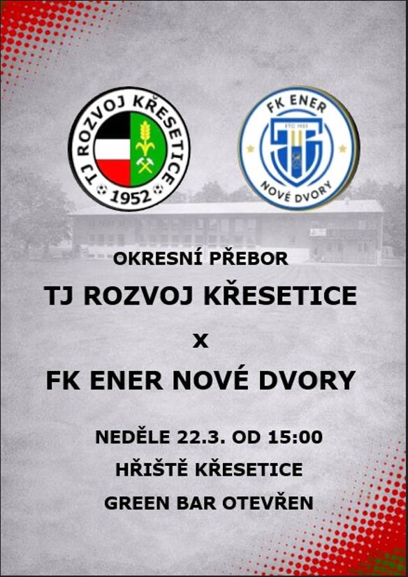 Fotbalové utkání okresního přeboru našeho mužstva proti Novým Dvorům.   Přijďte fandit.