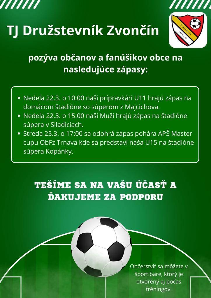 TJ Družstevník Zvončín pozýva občanov a fanúšikov na zápasy.