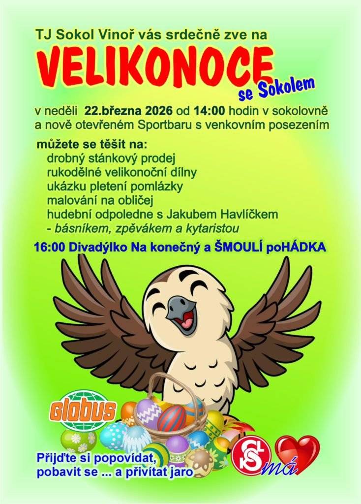 Omlouváme se za chybu v dnešní rozesílce akcí. Akce Velikonoce se Sokolem a navazující Šmoulí pohádka se konají v neděli 22. 3. od 14, respektive 16 hodin.