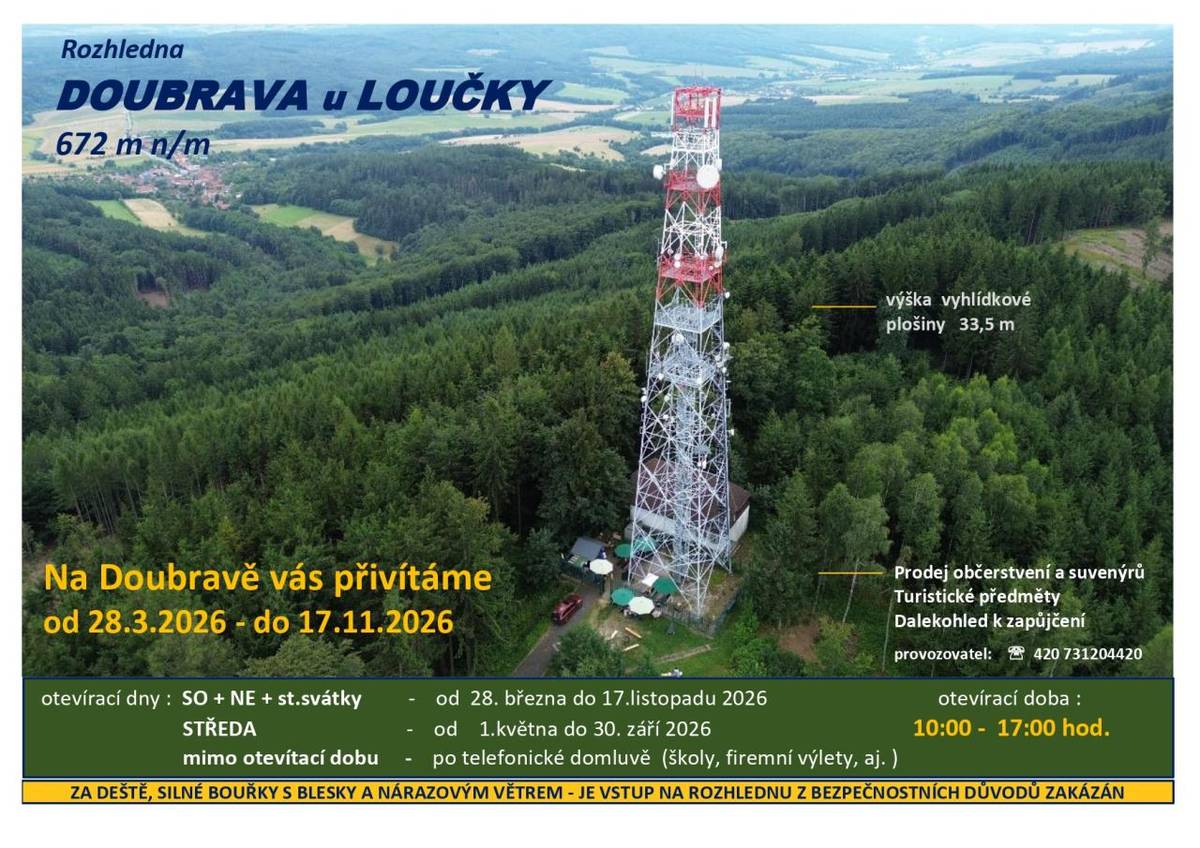 V letošním roce bude rozhledna DOUBRAVA u Loučky otevřena pro veřejnost od 28. 3. do 17. 11. 2026