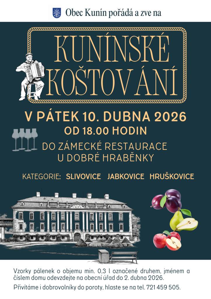 Vzorky pálenek slivovice, jabkovice a hruškovice o objemu min. 0,3 l označené druhem, jménem a číslem domu odevzdejte na obecní úřad do 2. dubna. Přivítáme i dobrovolníky do poroty, hlaste se na tel. 721 459 505.