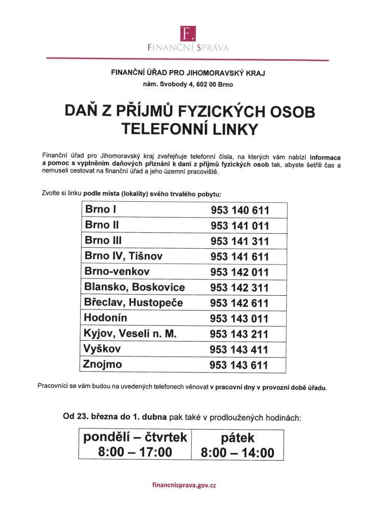 Telefonní čísla pro informace o dani.