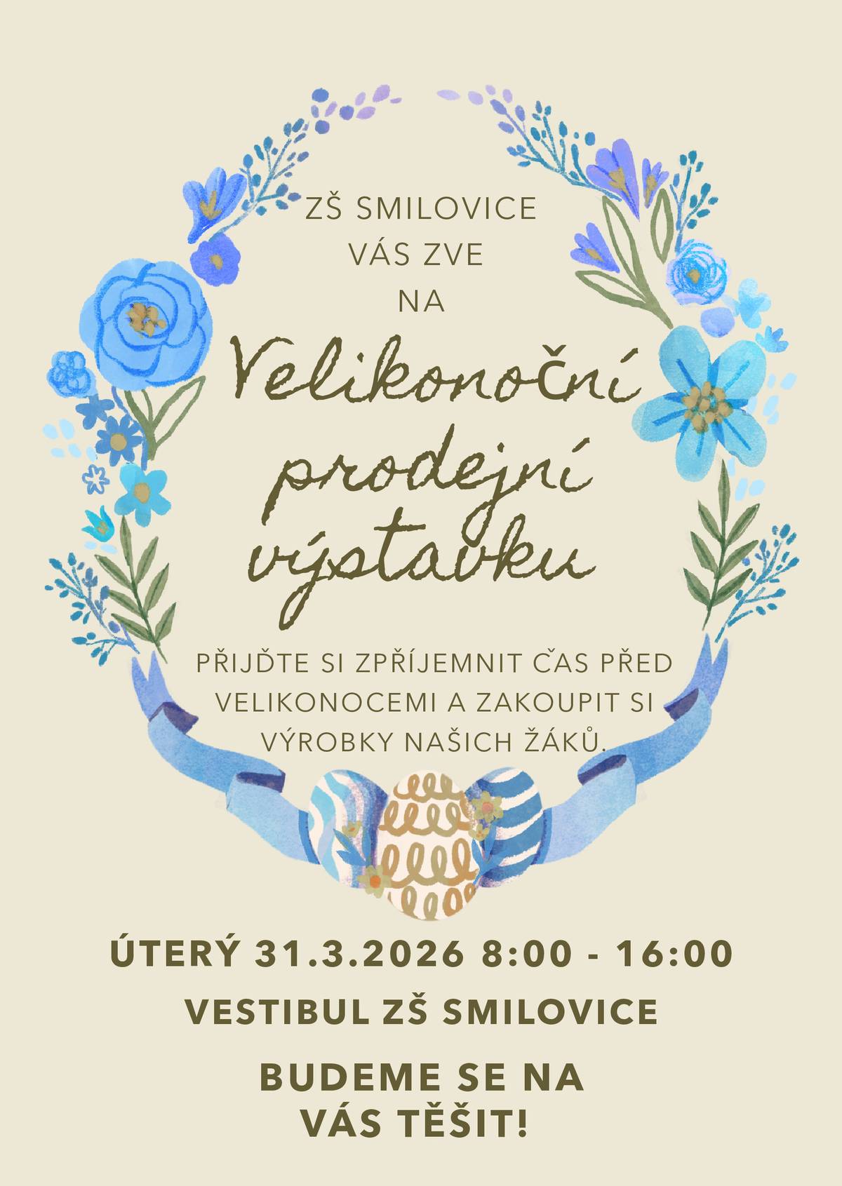 Velikonoce už klepou na dveře! 🐰 Přijďte se podívat na krásné výrobky našich žáků, načerpat inspiraci a odnést si něco pro radost. 💛 📅 Úterý 31. 3. 2026 🕗 8:00–16:00 📍 vestibul ZŠ Smilovice Těšíme se na vás! 😊