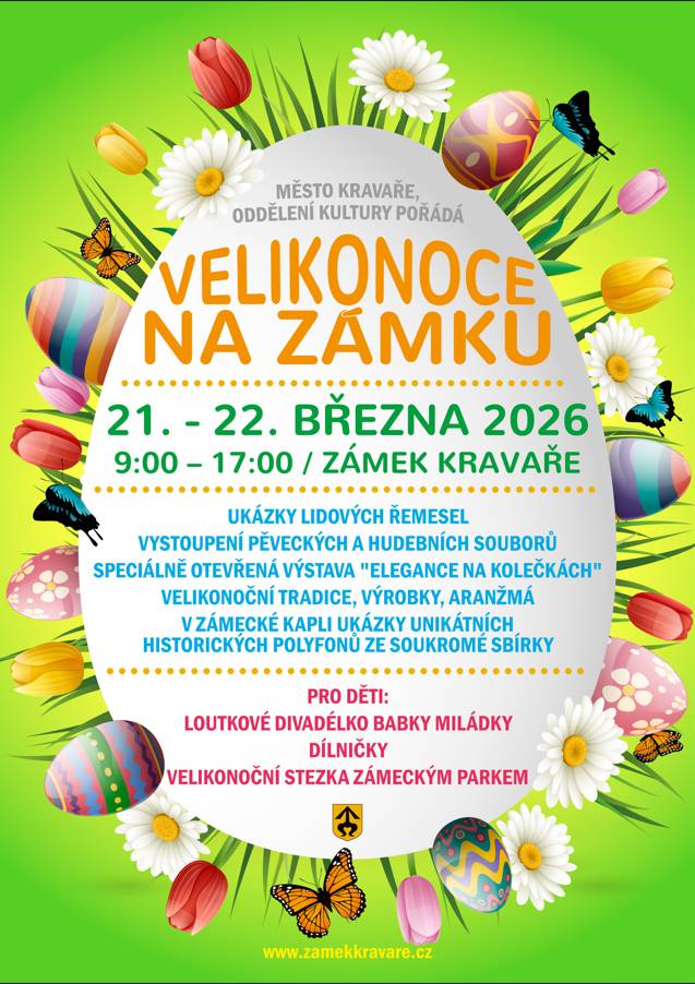 Město Kravaře, oddělení kultury Vás zve na Velikonoce na zámku, které proběhnou ve dnech 21. a 22.3. 2026 od 9:00 do 17:00 hod. na zámku v Kravařích.