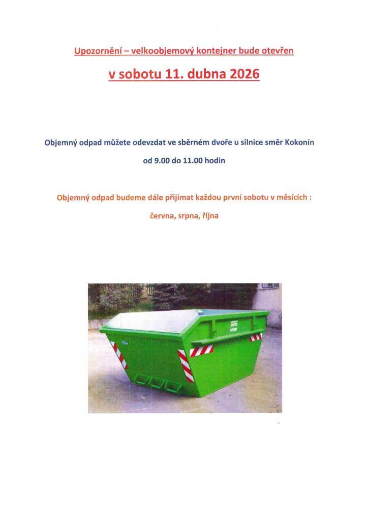Objemný odpad můžete odevzdat v sobotu 11. dubna 2026 ve sběrném dvoře od 9.00 hodin do 11.00 hodi