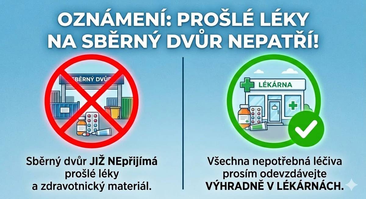 Oznamujeme občanům, že prošlé léky a zdravotnický materiál již není možné ukládat na sběrném dvoře. Veškerá léčiva odevzdávejte prosím výhradně v lékárnách, které jsou k jejich odborné likvidaci určeny. Děkujeme za pochopení.