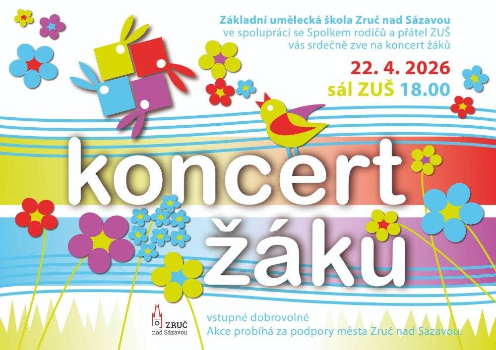 Základní umělecká škola Zruč nad Sázavou ve spolupráci se Spolkem rodičů a přátel ZUŠ vás srdečně zve na koncert žáků do sálu ZUŠ. Vstupné dobrovolné