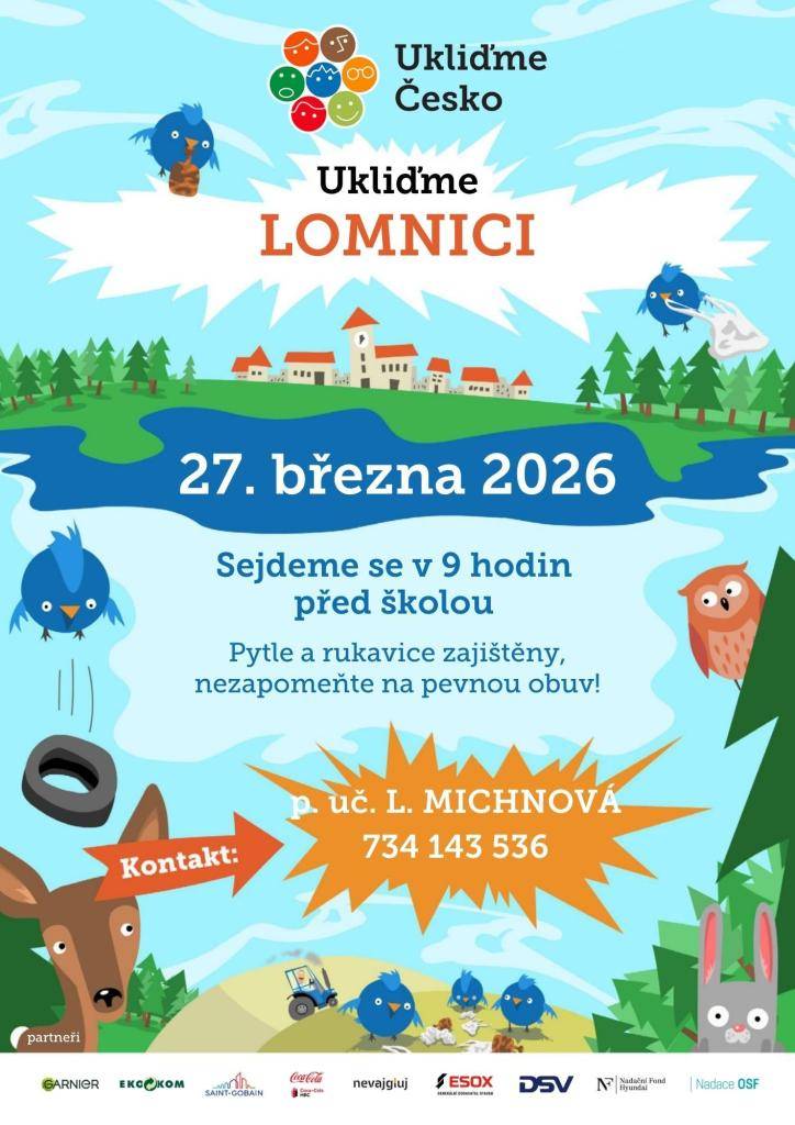 Dne 27. března 2026 se v Lomnici koná úklidová akce, na kterou srdečně zveme všechny občany. Sejdeme se v 9 hodin před školou, kde budou připraveny pytle a rukavice pro všechny účastníky. Nezapomeňte si vzít pevnou obuv, abyste byli dobře vybaveni na úklid.