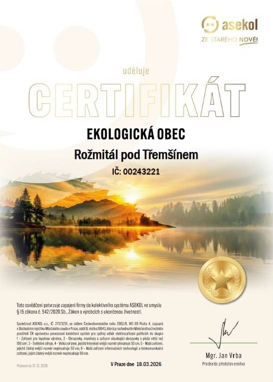 Díky zodpovědnému přístupu občanů ke třídění elektroodpadu získalo Město Rožmitál pod Třemšínem zlatý certifikát Ekologická obec za příkladný sběr a recyklaci elektroodpadu.