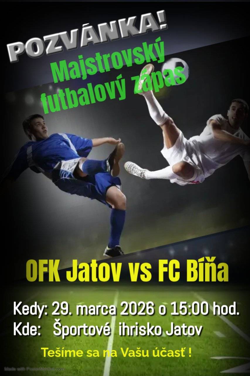 OFK Jatov srdečne pozýva všetkých priaznivcov športu na majstrovský futbalový zápas.⚽