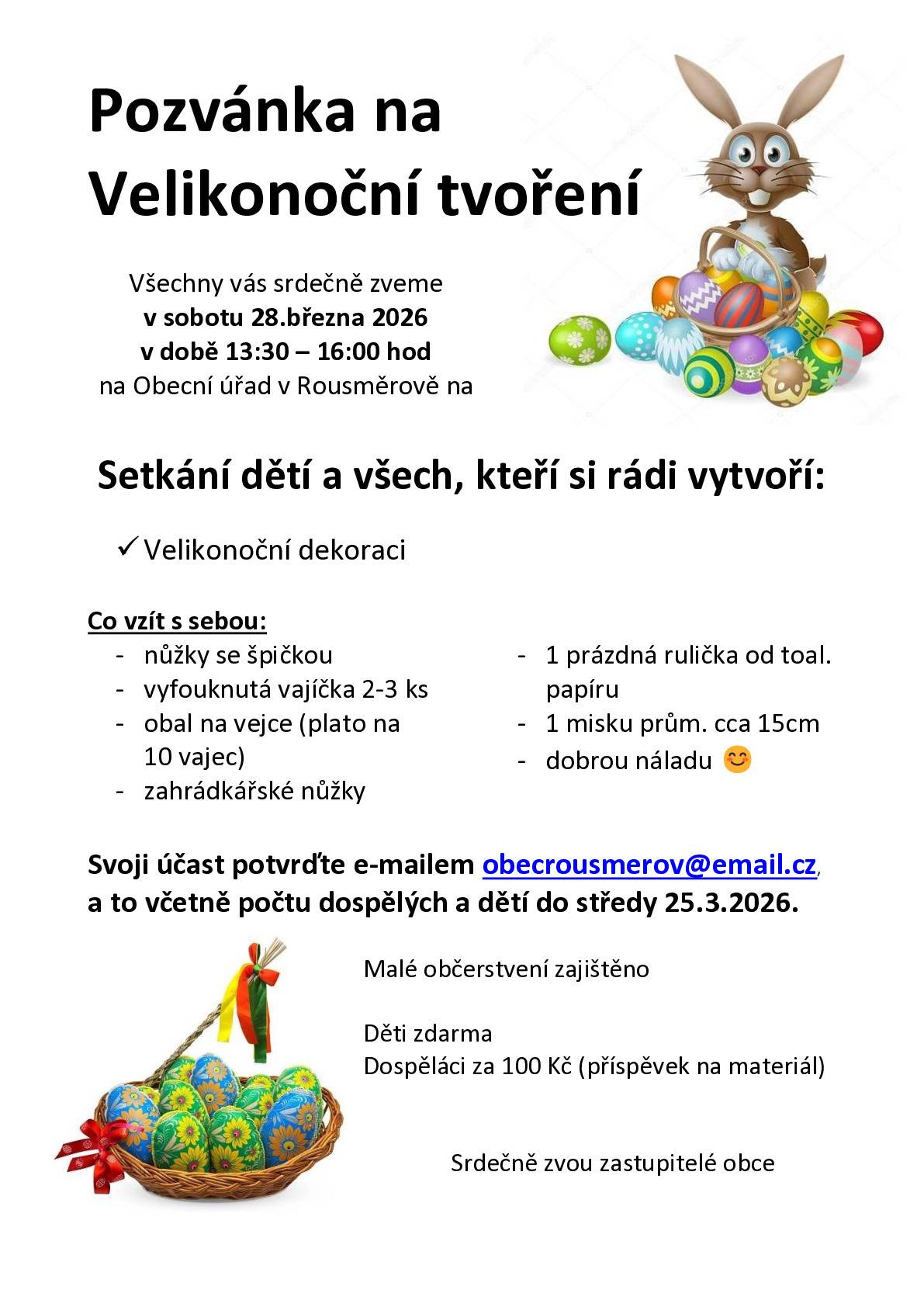 Pozvánka na velikonoční tvoření v sobotu 28.března 2026 od 13:30 hodin v KD Rousměrov.