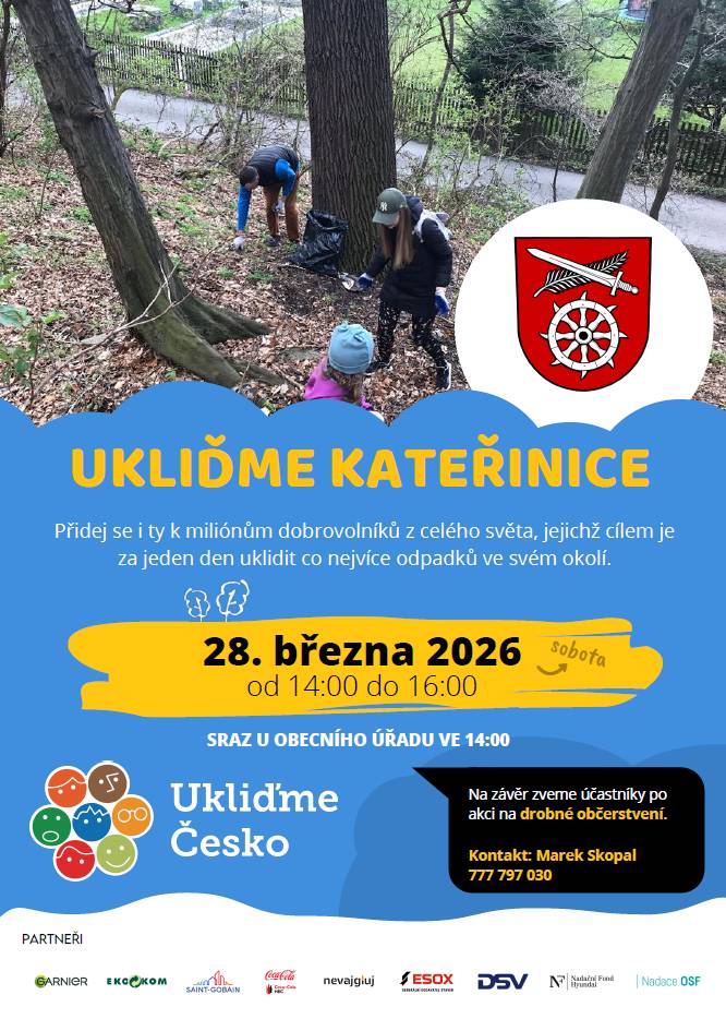 Výbor životního prostředí Kateřinice, pořádá v sobotu 28. března 2026 od 14:00 do 16:00 akci "Uklidíme Kateřinice". Sraz je naplánován u obecního úřadu. Na závěr akce je pro účastníky připraveno drobné občerstvení.