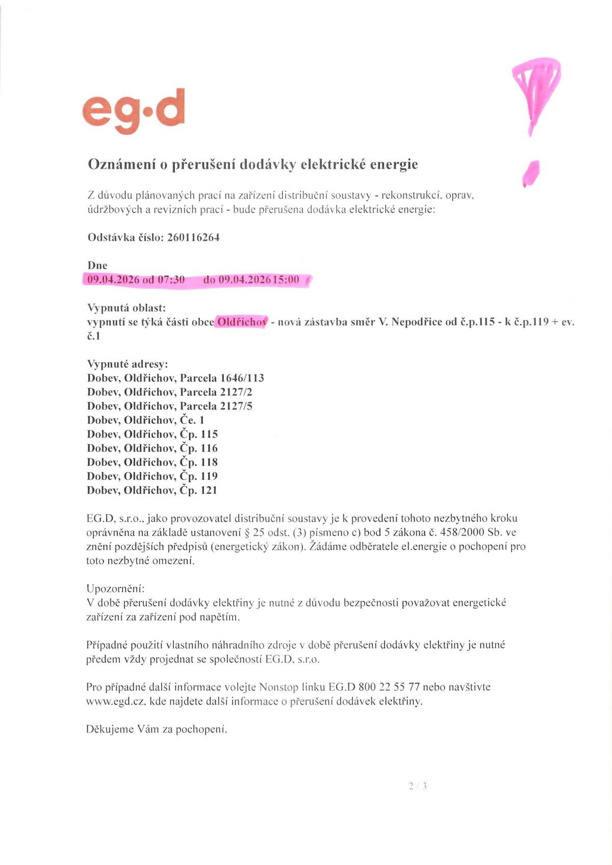 EG.d - oznámení o přerušení dodávky el. energie - Oldřichov - 9. 4. 2026
