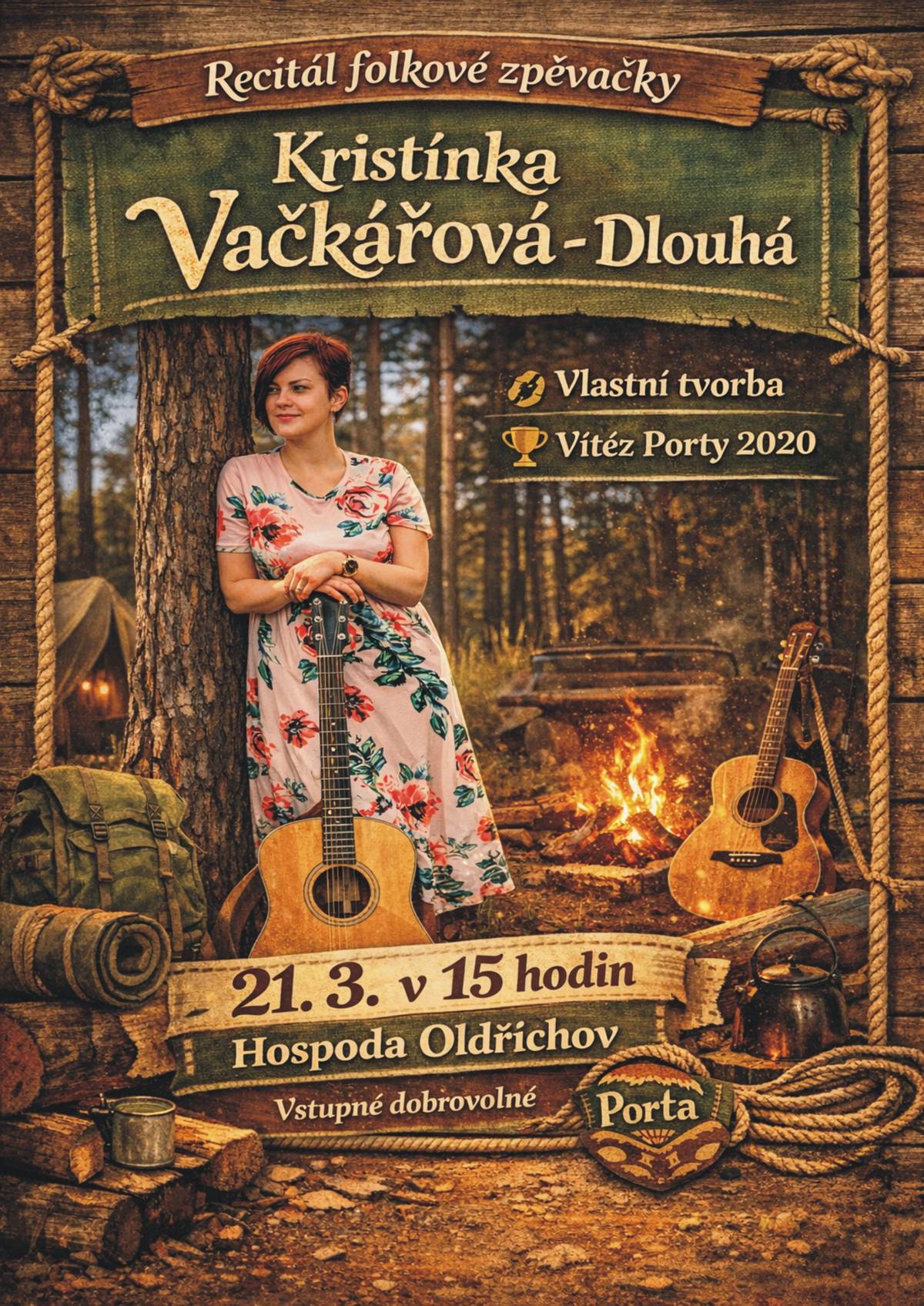V sobotu 21. 3. 2026 se bude konat v hospodě v Oldřichově Recitál folkové zpěvačky Kristínky Vačkářové - Dlouhé.
