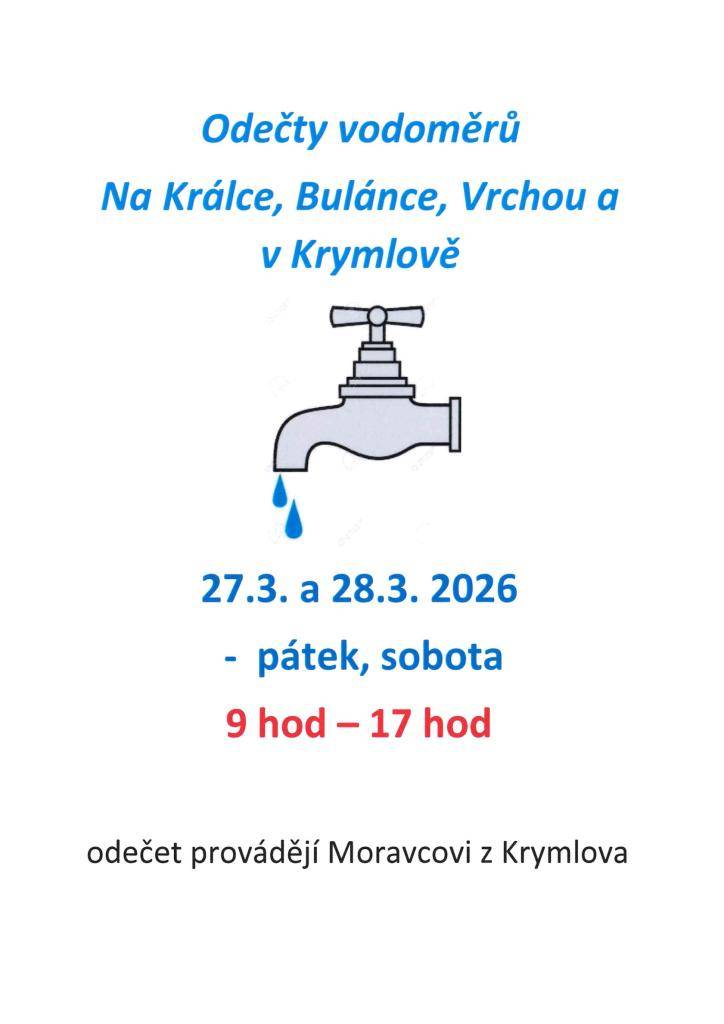 Odečty vodoměrů - 27.3. - 28.3.2026 od 9:00 - 17:00 hodin.