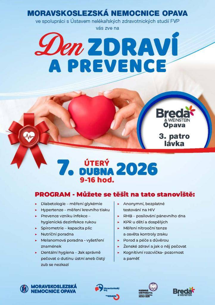 Moravskoslezská nemocnice Opava ve spolupráci s Ústavem nelékařských zdravotnických studií FVP vás zve na Den zdraví a prevence v úterý 7.4.2026 do Bredy & Weinstein Opava 3. patro lávka od 9 do 16 hodin.
