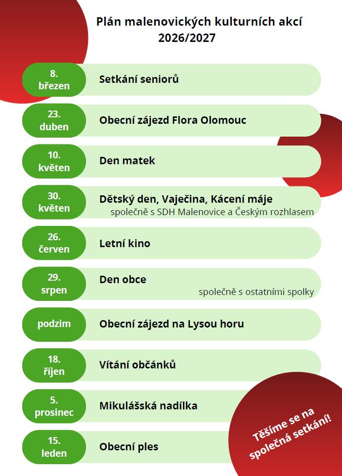 Kulturní komise ve spolupráci s Obecním úřadem, Centrem volného času U Rosničky a jednotlivými malenovickými spolky pro vás v následujícím roce připravila celou řadu akcí. Zde najdete jejich přehled: