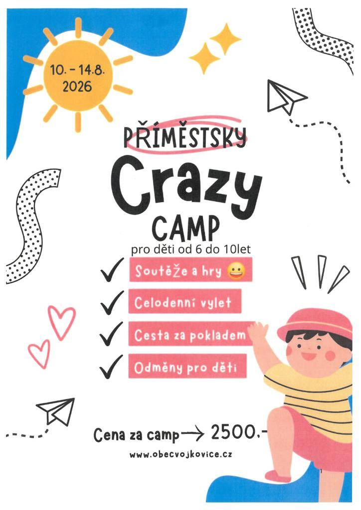 Obec Vojkovice pořádá v termínu 10.8.-14.8.2026 příměstský tábor pro děti od 6 do 10 let
