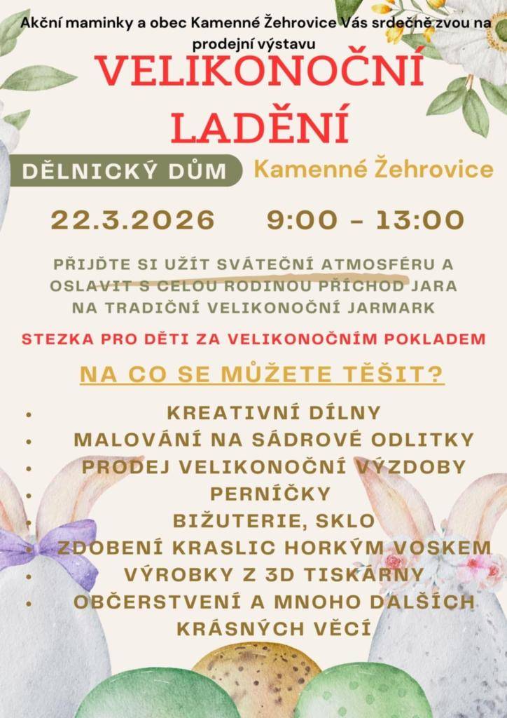 Srdečně Vás zveme na tradiční velikonoční jarmark pro děti i dospělé. Akce se uskuteční v Dělnickém domě již tuto neděli 22. března 2026 od 9:00 do 13:00 hodin.