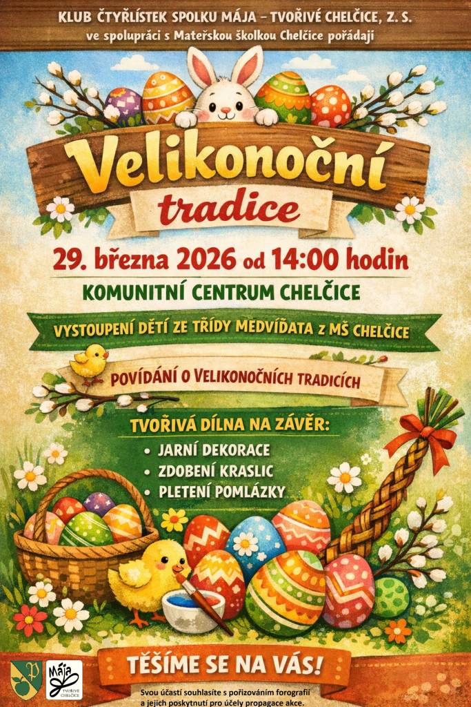 Zveme vás na akci Velikonoční tradice, které se konají v Komunitním centru Chelčice 29. března 2026 od 14:00. Přijďte se dozvědět více o velikonočních zvycích a užít si zajímavé odpoledne pro celou rodinu.