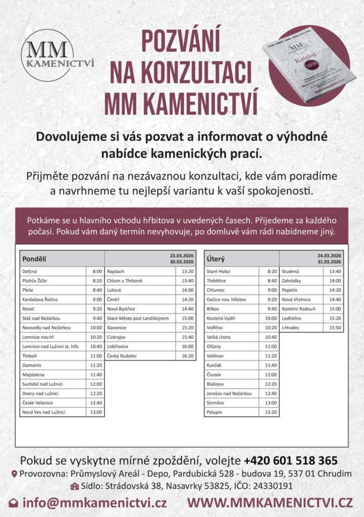 Ve dnech 23.3. a 30. 3.2026 vždy v čase 13:00 bude na místním hřbitově poskytovat kamenické služby (konzultace) firma MM KAMENICTVÍ s.r.o.