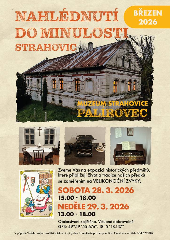 Muzeum Strahovice č.p.61 - Palírovec (Přečkovec) v sobotu 28.3.2026 od 15.00 do 18.00 hod. a v neděli 29.3.2026 od 13.00 do 18.00 hod.