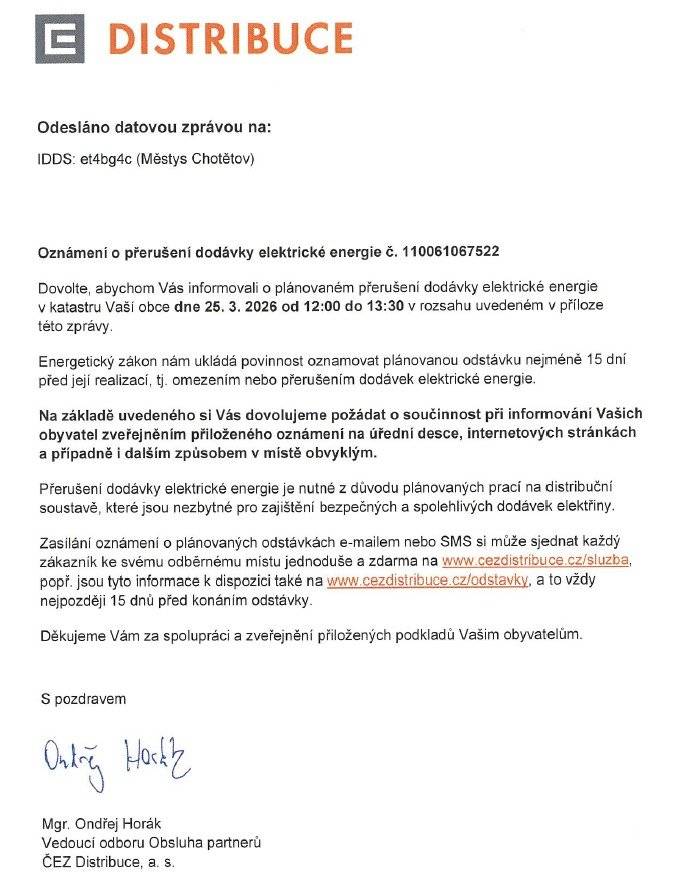 Upozorňujeme na odstávku elektřiny v Chotětově dne 25.3.2026 (středa), a to na adresách: - Smetanova 121, 122, 123, 124 - Průmyslová 65 - Palackého 219 - Nová 36, 78, 101, 105, 110, 129, 155 Více informací v přílohách. Zde vidíte,... "Jak je důležité míti Filipa" a tedy hlavně Munipolis, poté dostanete vždy informace jako první, tak se neváhejte registrovat, protože toto je přesně ten důvod proč je dobré ho mít!