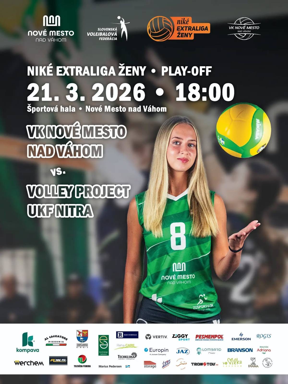 21. marca o 18:00 to v novomestskej športovej hale ožije play-off! Naše ženy privítajú @volleyprojectukf_nitra v druhom zápase série.  Stav série je 1:0 pre súperky - príďte preto v sobotu do haly vytvoriť ženám tú najlepšiu atmosféru a vráťme tak sériu späť do Nitry!