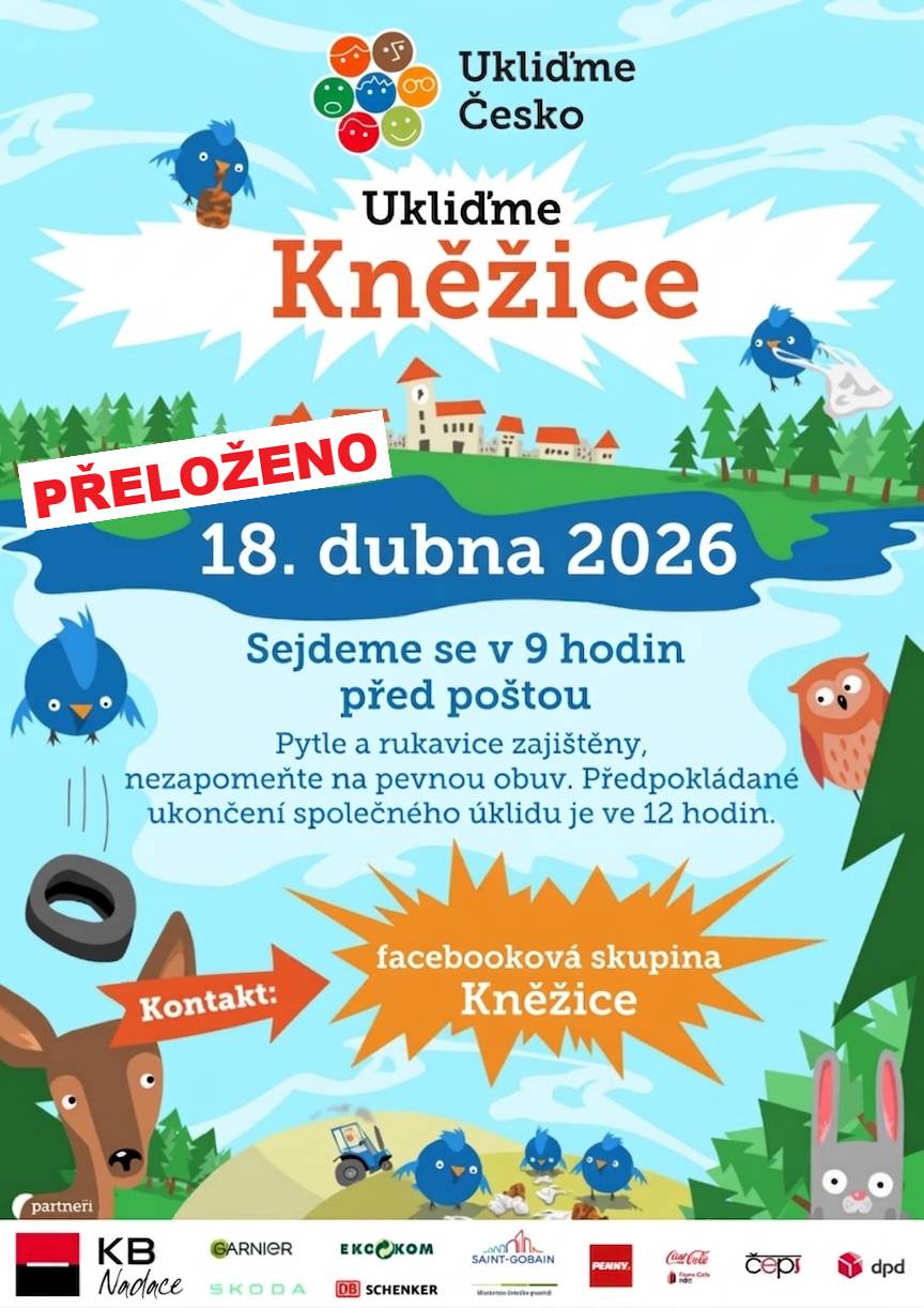 POZOR - z důvodu špatného počasí PŘELOŽENO!! Obec Kněžice pořádá uklízecí akci Ukliďme Kněžice. Společný úklid proběhne v sobotu 18. dubna 2026. Sraz je v prostoru před poštou v 9:00 hod. Pytle a rukavice zajištěny, nezapomeňte na pevnou obuv. Předpokládané ukončení společného úklidu je ve 12:00 hodin.
