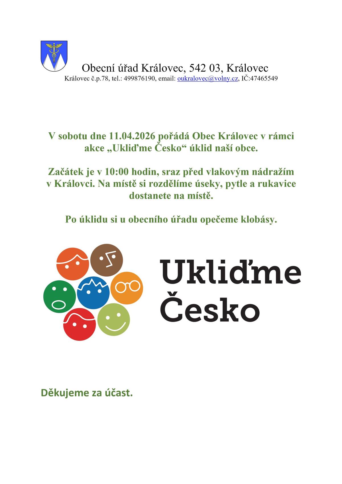 V sobotu 11.04.2026 pořádá Obec Královec od 10:00 hodin úklid obce.