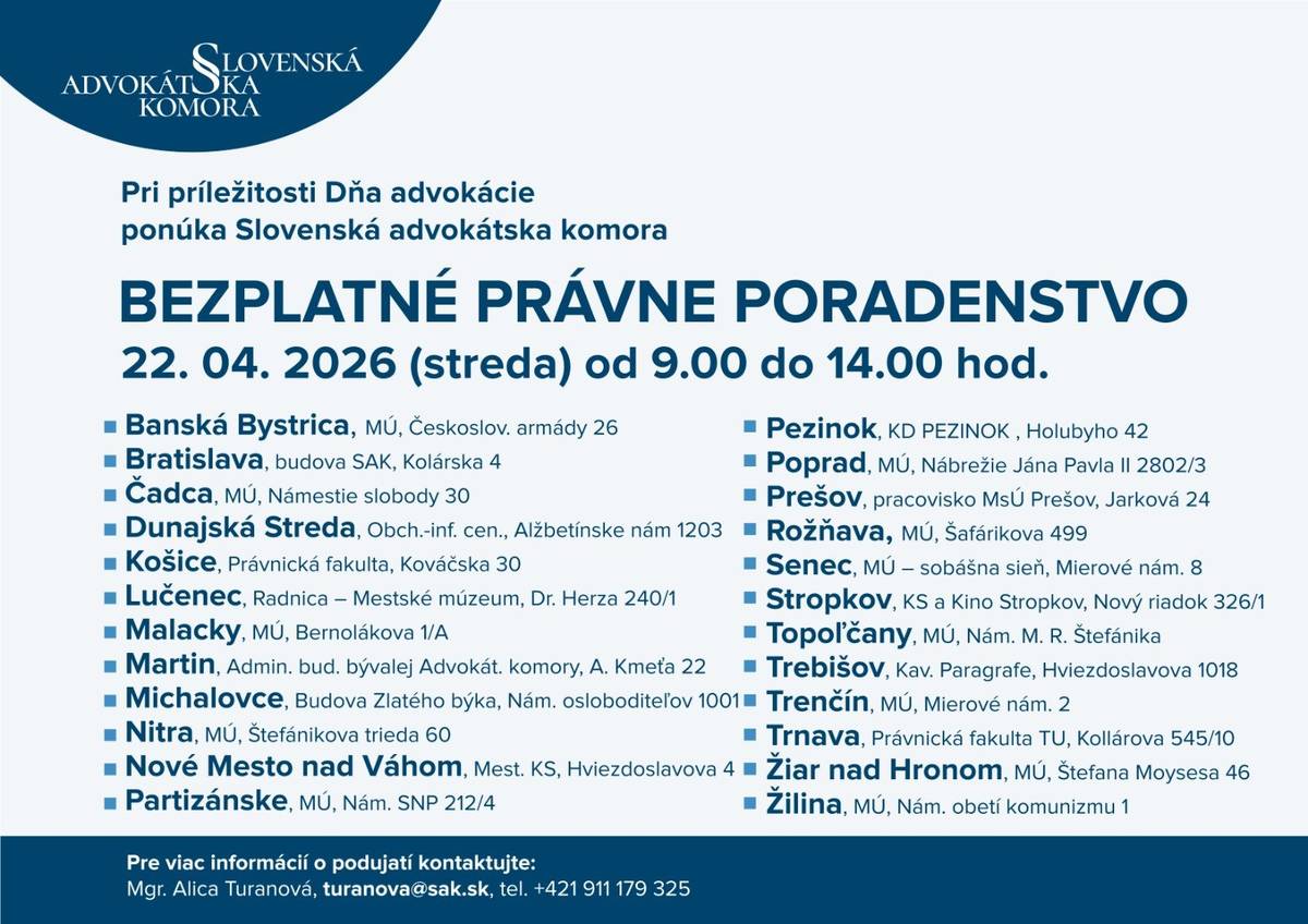 Pri príležitosti Dňa nezávislej advokácie budú advokáti dňa 22. apríla 2026 v čase od 9:00 do 14:00 hod. v MsKS, Hviezdoslavova 4, Nové Mesto nad Váhom poskytovať bezplatnú právnu pomoc každému, kto ju potrebuje. Občania z okresu Nové Mesto nad Váhom môžu túto pomoc využiť najbližšie v meste Trenčín a Nové Mesto nad Váhom.