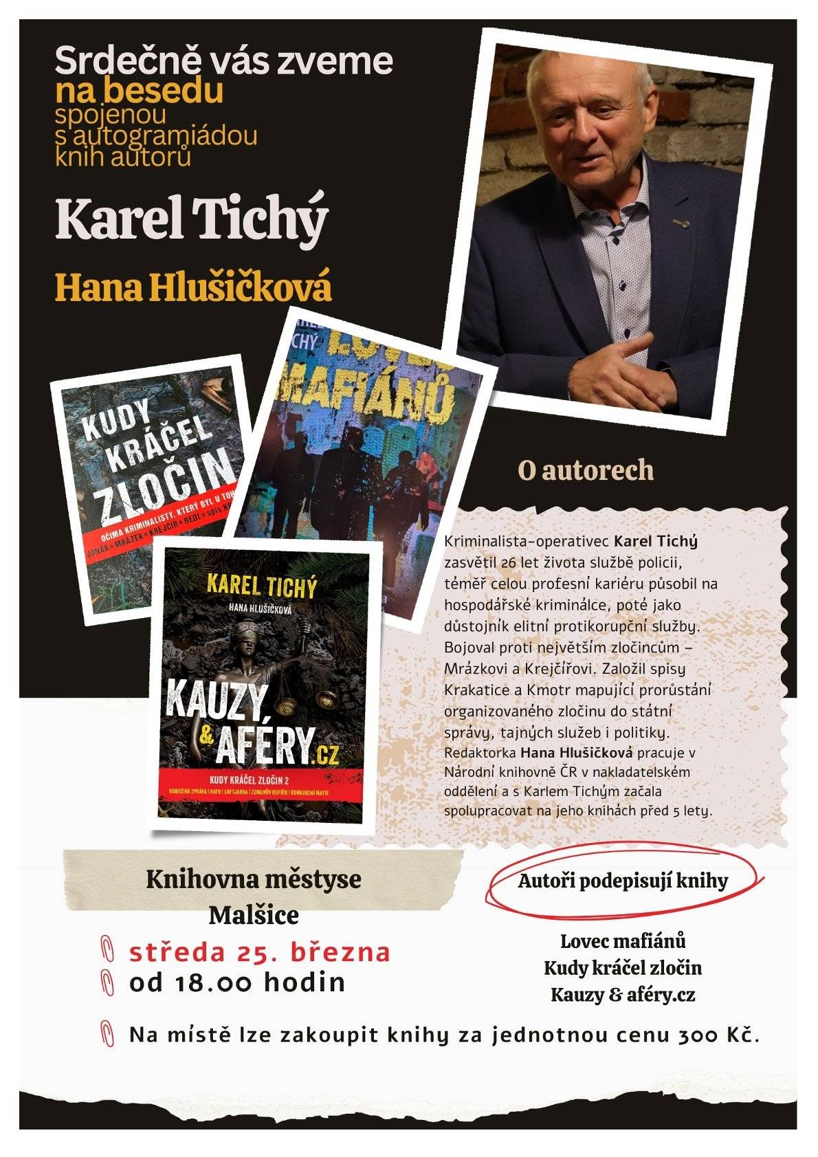 Vážení občané, zveme Vás ve středu 25. března od 18 hodin do Galerie Františka Peterky na besedu spojenou s autogramiádou knih autorů.  Karel Tichý: Kriminalista - operativec. Zasvětil 26 let života službě policii. Bojoval proti největším zločincům - Mrázkovi a Krejčířovi. Založil spisy Krakatice a Kmotr mapující prorůstání organizovaného zločinu do státní správy, tajných služeb i politiky. Hana Hlušičková: Pracuje v Národní knihovně ČR v nakladatelském oddělení a s Karlem Tichým začala spolupracovat na jeho knihách před 5 lety.