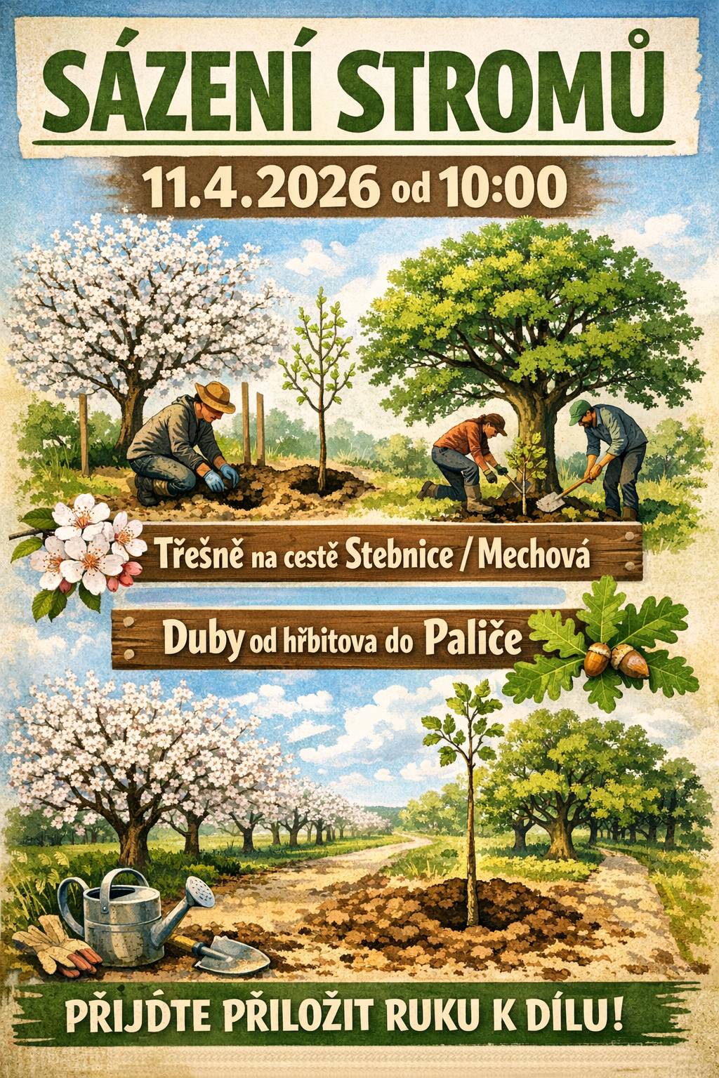 Stromy budou vysázeny za podpory Nadace ČEZ. Přijď se zapojit, přiložit ruku k dílu a vysaď si svůj vlastní strom. Společně uděláme naši krajinu krásnější, zdravější a odolnější. Třešně budou vysázeny kolem komunikace ze Stebnice do Mechové a duby od hřbitova směrem do Paliče. Pokračujeme tak v započatém úkolu vysazovat podél komunikací v našem katastru ovocné i krajinné stromy. V Mechové, směrem k poli, budou navíc vysazeny keře. Na jaře ještě dosadíme jabloně Doubrava/Mýtina a hrušně H.Lažany/Palič. Občerstvení zajištěno – těšíme se na setkání!