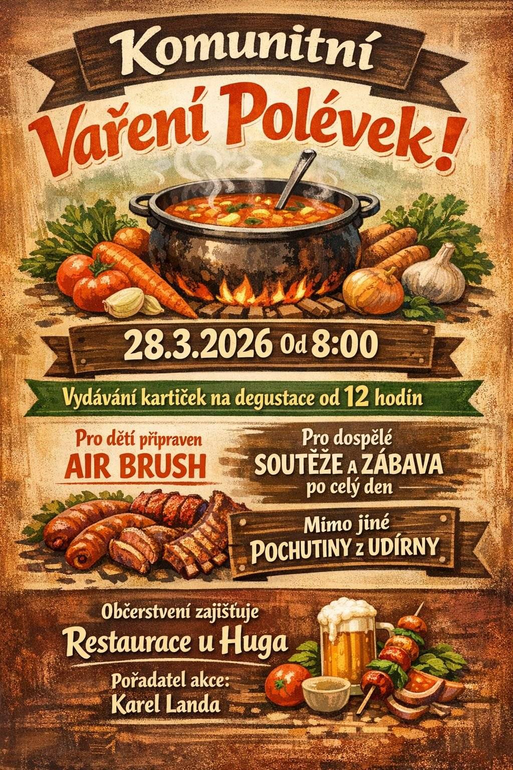 Karel Landa ve spolupráci s Restaurací u Huga a městem Adamov zvou veřejnost na akci dne 28.3.2026 od 12:00 hodin. Akce proběhně na terase Domu služeb, ul. Družstevní. S ohledem na probíhající rekonstrukci je vhodné použít přístupovou část od Družstevní 2,3. Ze směru od rampy je příchod omezen s přiměřenou opatrností. Pro širokou veřejnost bude připravena tombola, soutěže pro dospělé, pro děti malování na obličej a Airbrush tetování.