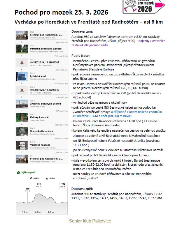 Senior klub Palkovice pořádá ve středu 25. 3. 2026 vycházku po Horečkách ve Frenštátě pod Radhoštěm, trasa je dlouhá cca 6 km. Odjezd ze zastávky Palkovice, centrum v 8.34 hod.