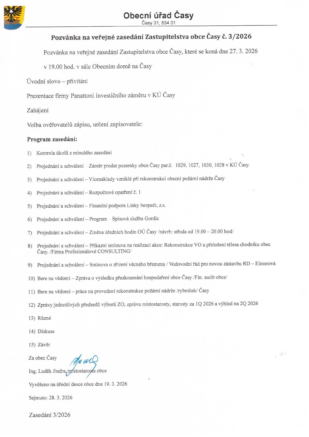 Pozvánka na veřejné zasedání ZO Časy č. 3/2026 viz. příloha.