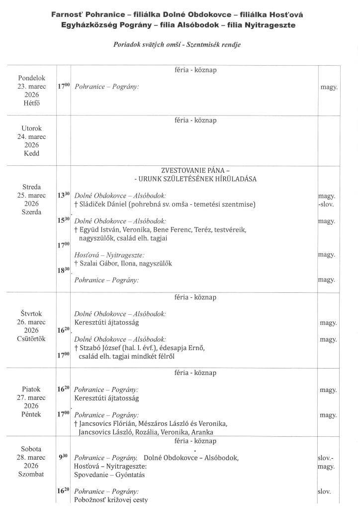Poriadok svätých omší _ Szentmisék rendje