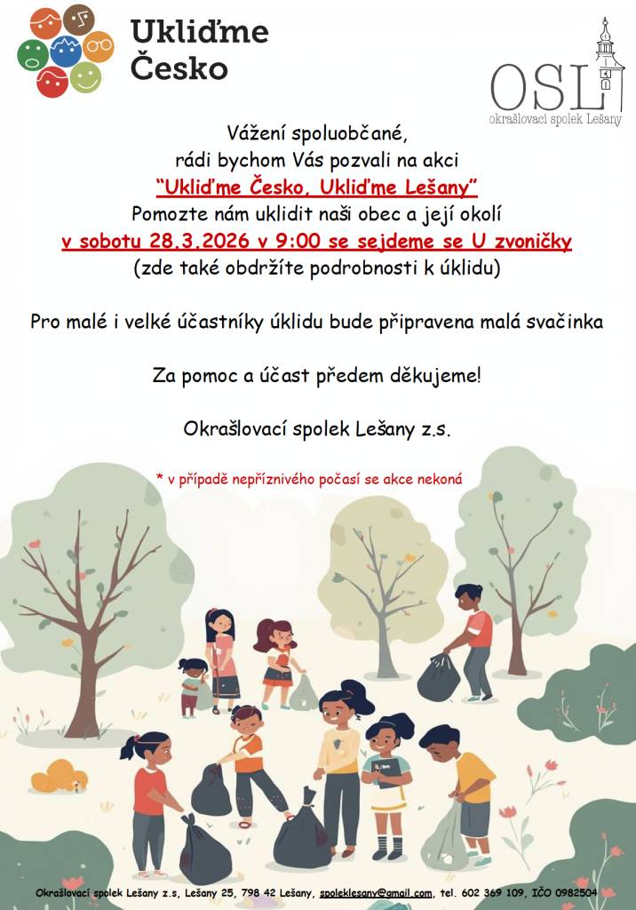 Okrašlovací spolek Lešany si vás dovoluje co nejsrdečněji pozvat na tradiční jarní úklid v rámci celorepublikové akce Ukliďme Česko, pomozte nám uklidit Lešany!