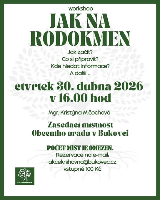 Přijďte se naučit, jak správně začít s rodokmenem. Dne 30. 4. 2026 od 16:00 se dozvíte co si připravit a kde hledat potřebné informace. Mgr. Kristýna Mlčochová vám poskytne cenné rady a tipy, které vám usnadní práci. Počet míst je omezen a je zapotřebí rezervace. Vstupné 100,- Kč. Více viz plakát.