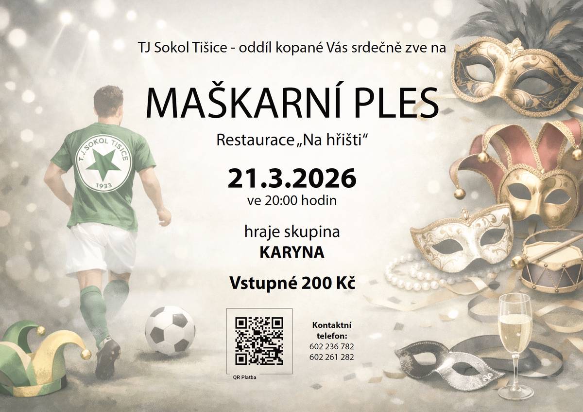 Naši Sokolové nás už dnes večer zvou na Maškarní ples v sále Na hřišti od 20 hodin. 🎭 Stále jsou ještě volné vstupenky, takže kdo nezaváhá, může dorazit. Připravme si masky a dobrou náladu a přijďme si užít společný večer. 💃🕺
