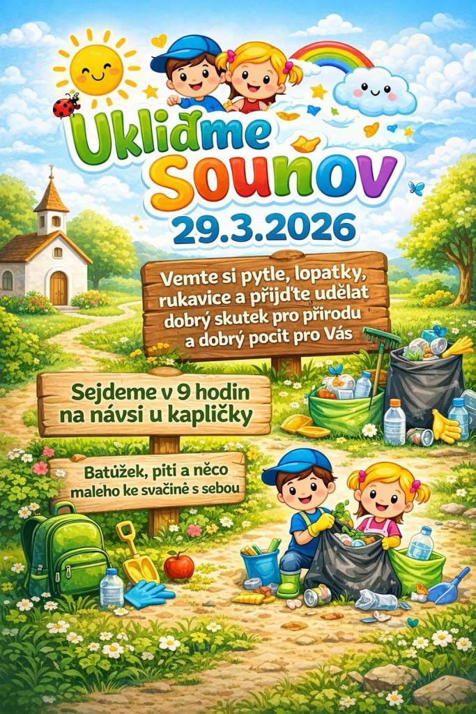 Milí sousedé a přátelé Souňova,  jaro je tady a s ním přichází čas, kdy si naše okolí zaslouží trochu péče a pozornosti. Zveme vás na společný jarní úklid obce!