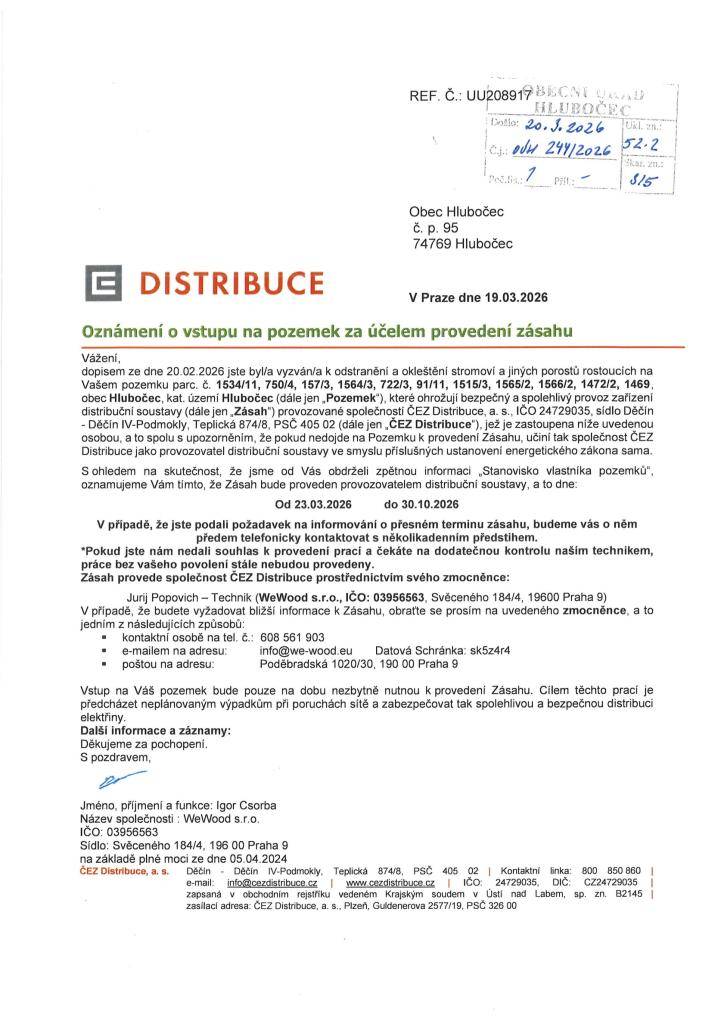 Oznámení o vstupu na pozemek za účelem provedení zásahu