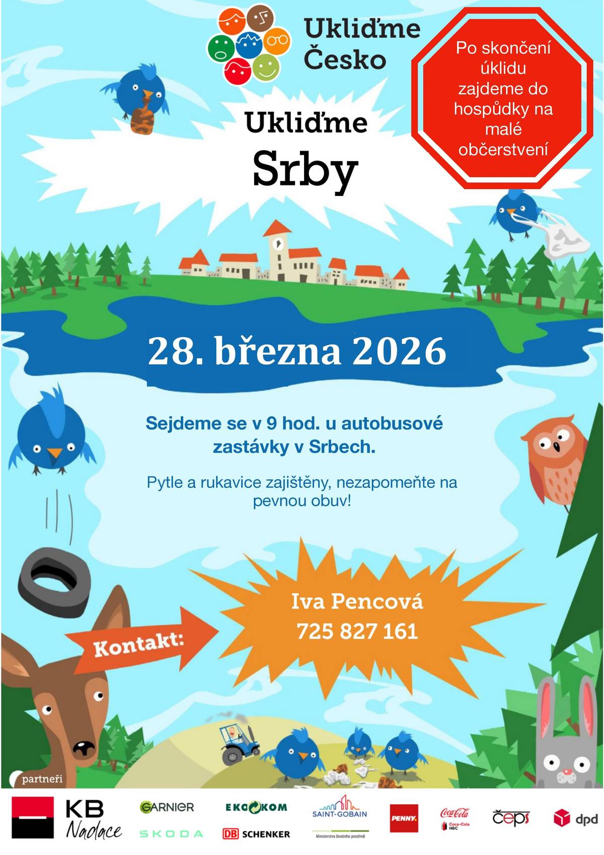 V sobotu 28.3. se připojíme k celorepublikové akci Ukliďme Česko. Uklízet budeme v Srbech a okolí. V Tuchlovicích bude o pár týdnů později uklízet základní škola a proto se zde scházet nebudeme. Samozřejmě, kdokoliv z Tuchlovic bude mít zájem, může jet uklízet do Srb, budeme rádi!