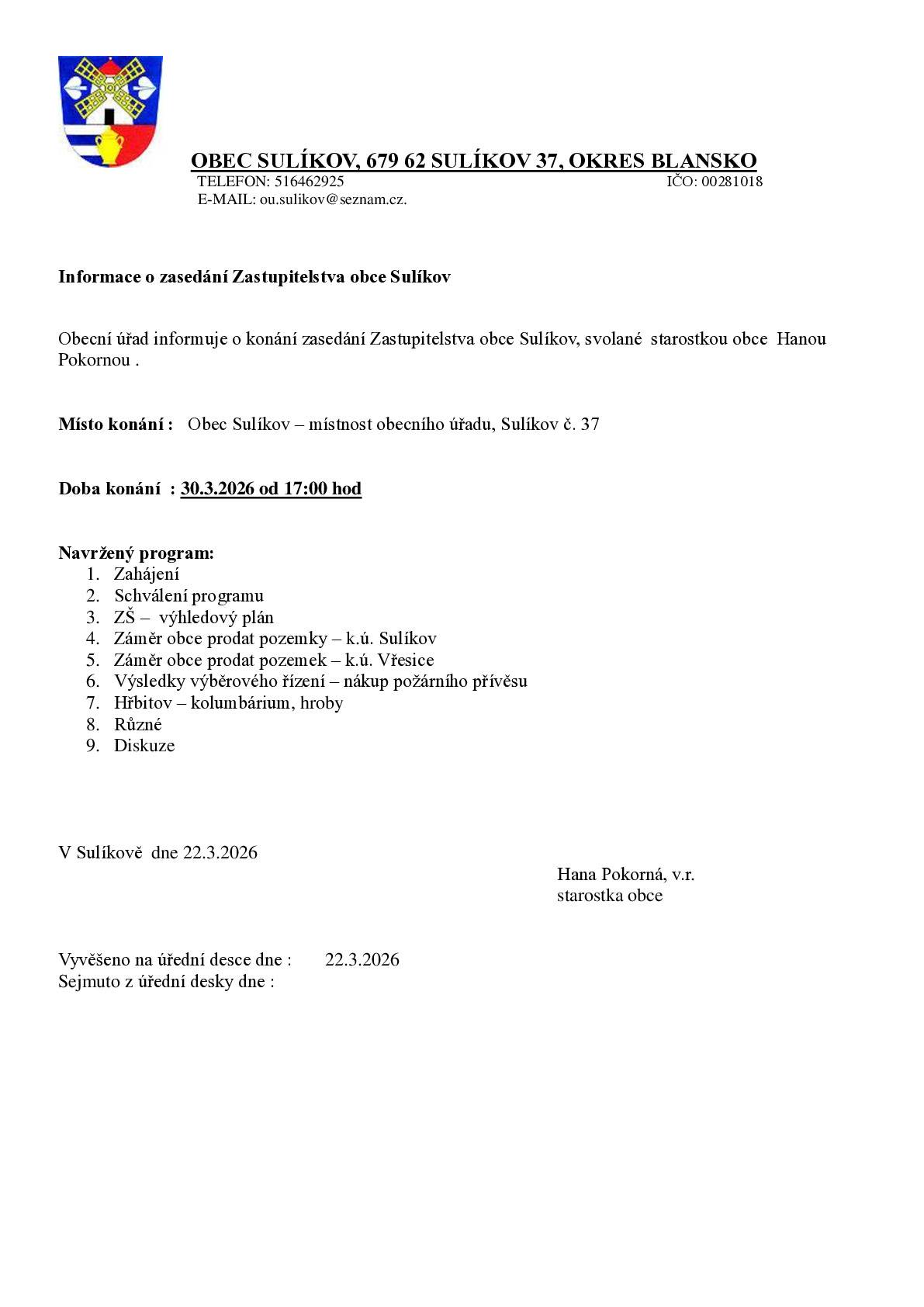 30.3. od 17h se koná zasedání zastupitelstva obce.