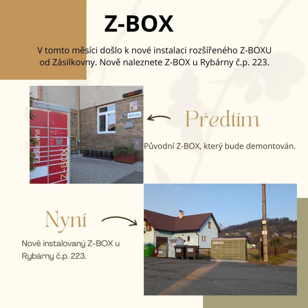 V tomto měsíci došlo k nové instalaci rozšířeného Z - BOXU od Zásilkovny. Nově naleznete Z - BOX u Rybárny č.p. 223. Původní Z - BOX u obecního úřadu je demontován.