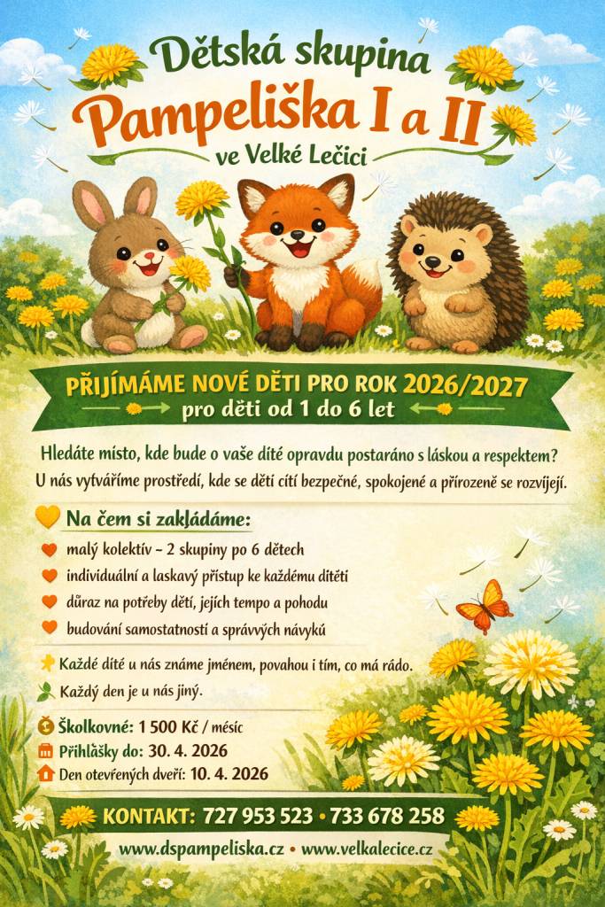 Naše dětská skupina přijímá přihlášky pro děti ve věku od 1 do 6 let na školní rok 2026/2027. Rodiče mohou své děti přihlašovat do 30. 4. 2026.