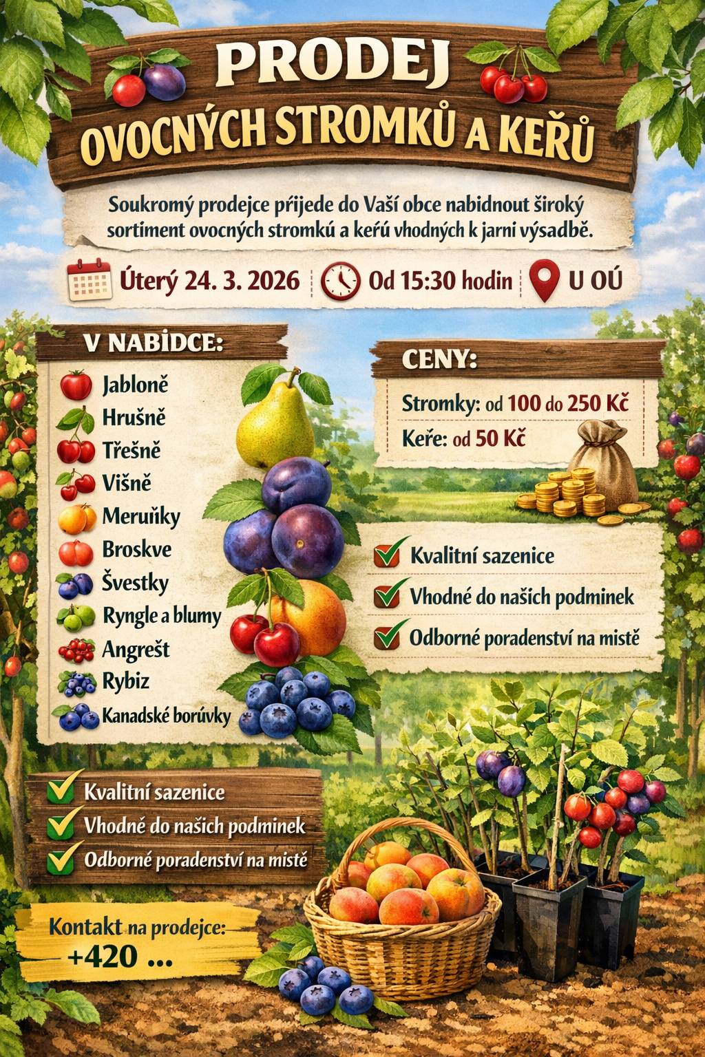 V úterý 24.03.2026 od 15:30 hodin u Obecního úřadu v Ploskovicích máte možnost zakoupit ovocné stromky a keře vhodné k jarní výsadbě z produkce Školního statku na Mělníku.