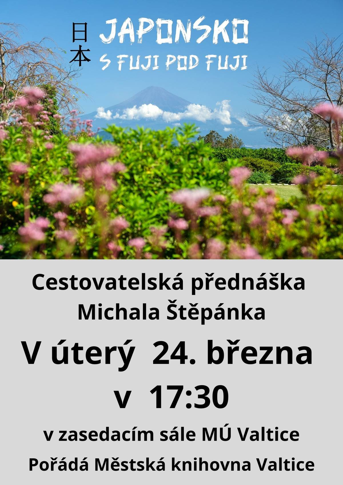 Městská knihovna zve na cestovatelskou přednášku Michala Štěpánka  o Japonsku. Uskuteční se v úterý 24.3.2026 v 17:30 hod v zasedacím sále MU. Vstup zdarma.