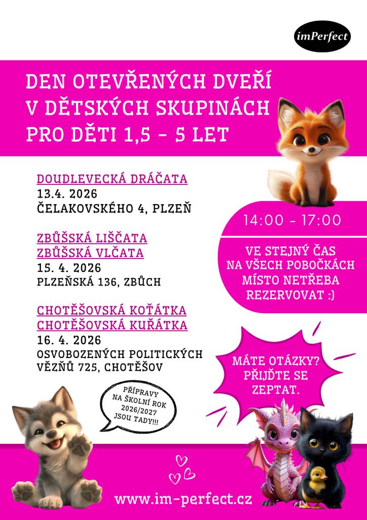 Den otevřených dveří v dětských skupinách pro děti 1,5 - 5 let. Chotěšov 16.4.2026 od 14:00